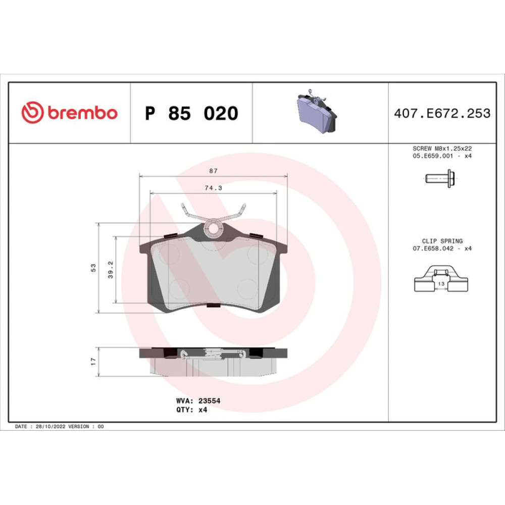 Brembo Bremsbeläge Bremklötze HA für Citroen Berlingo C3 C4 Peugeot 207 P85020
